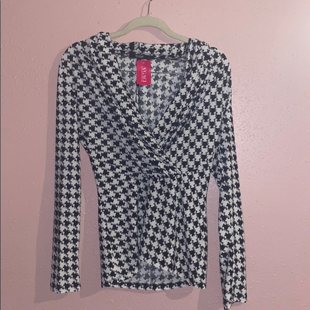 Black & White Houndstooth Wrap Blouse -